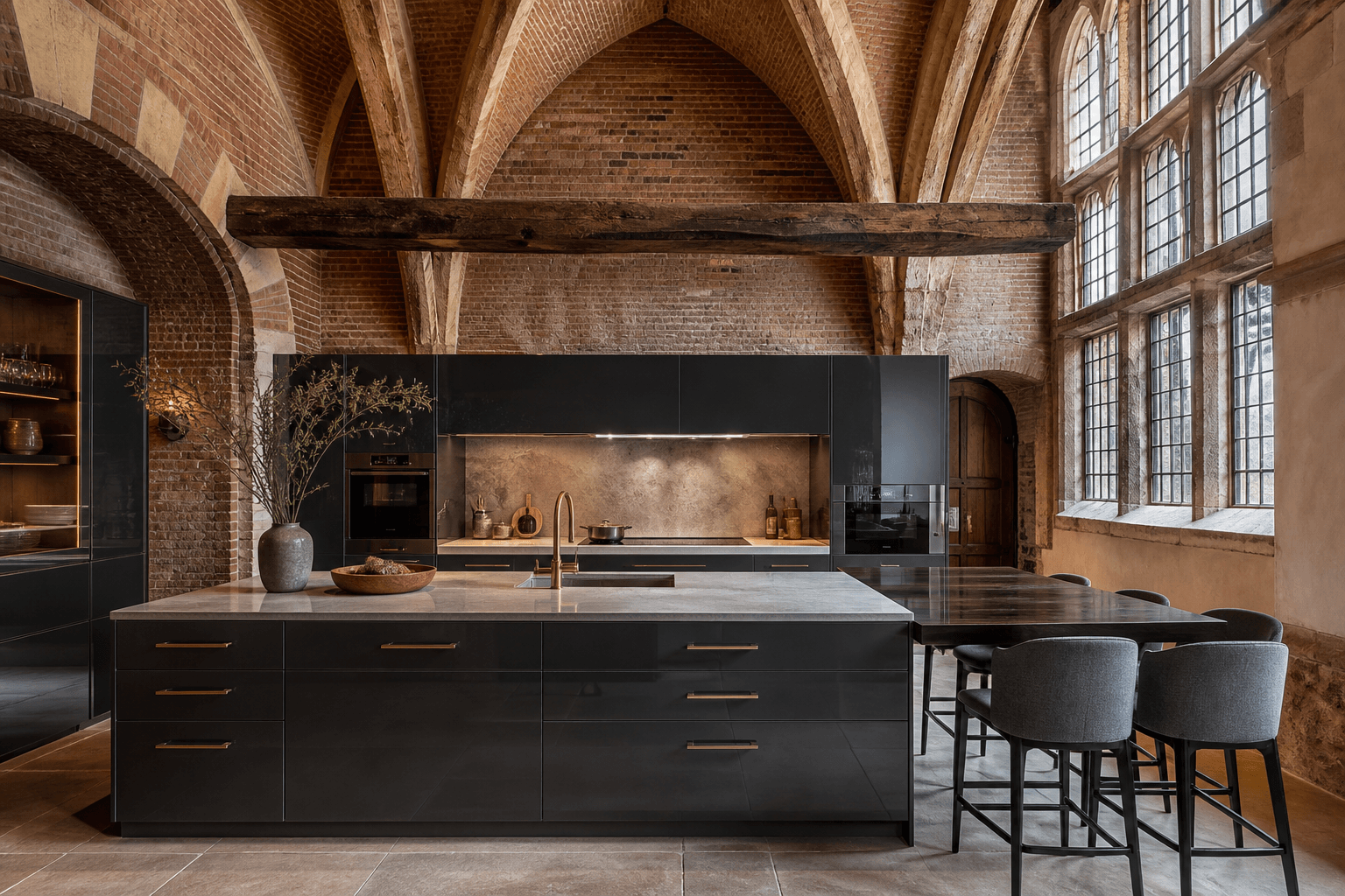 Moderne Italiaanse keuken onder middeleeuwse bakstenen gewelven in de showroom van Arte Vita