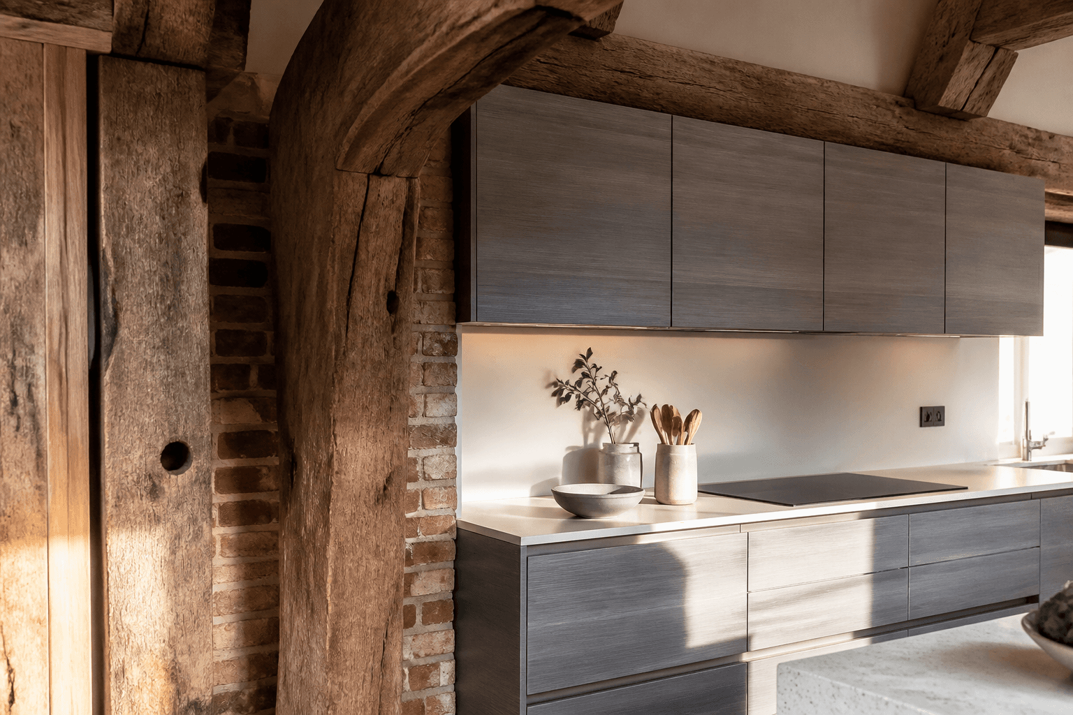 Detail van houten balken en moderne keukenkasten in de showroom